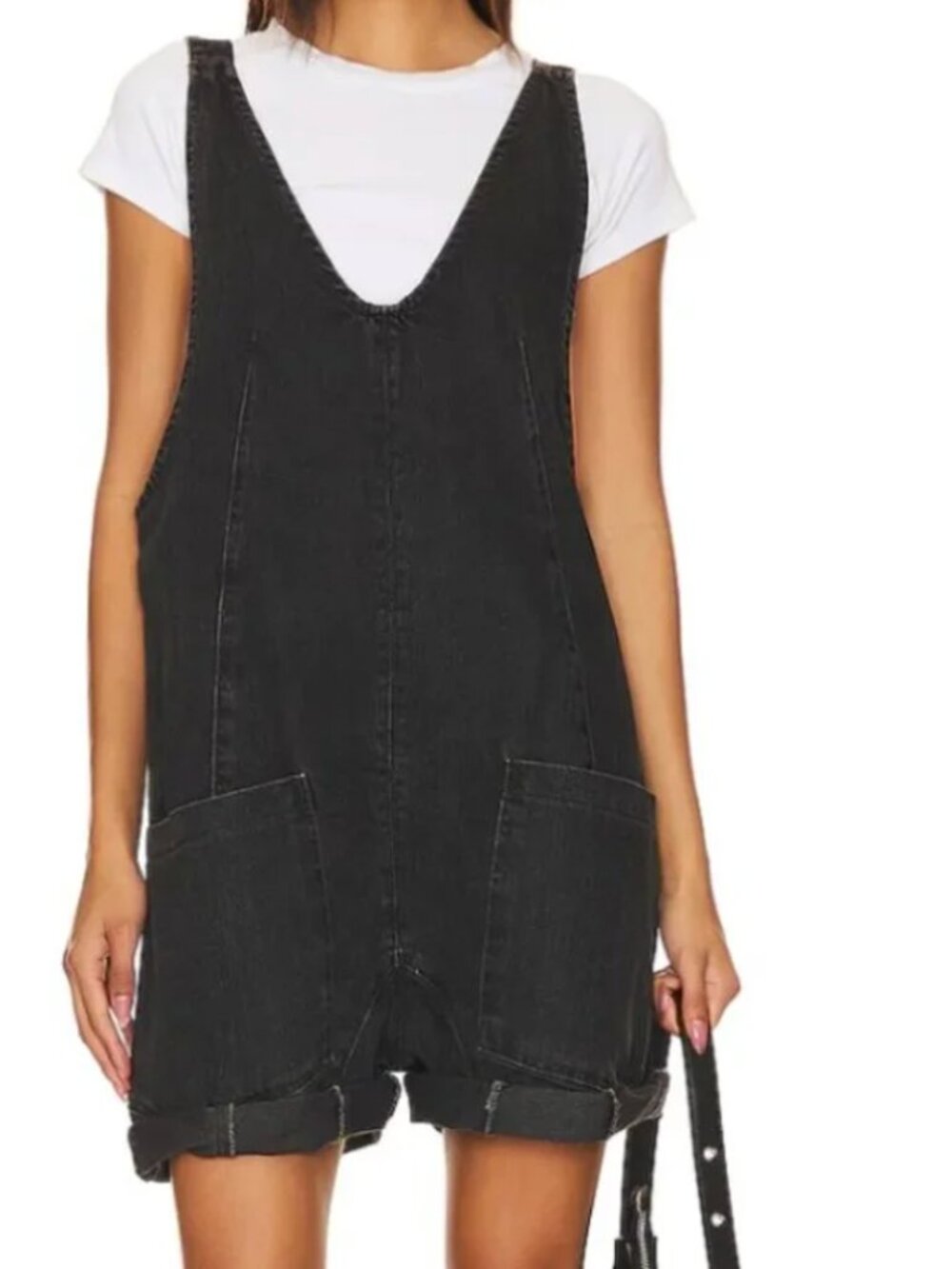Free People High Roller Overalls M Womens Black Gray Shortalls Cuffed Hem V Neck